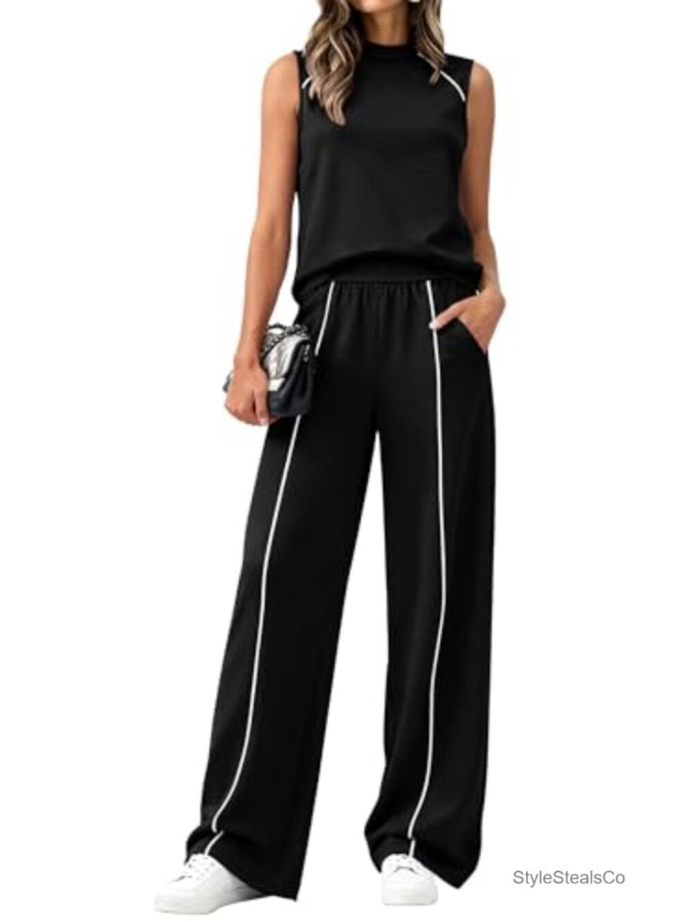 Mock Neck Sleeveless Tank Top and Wide Leg Pants Two Piece Lounge Set - Picture 1 of 6